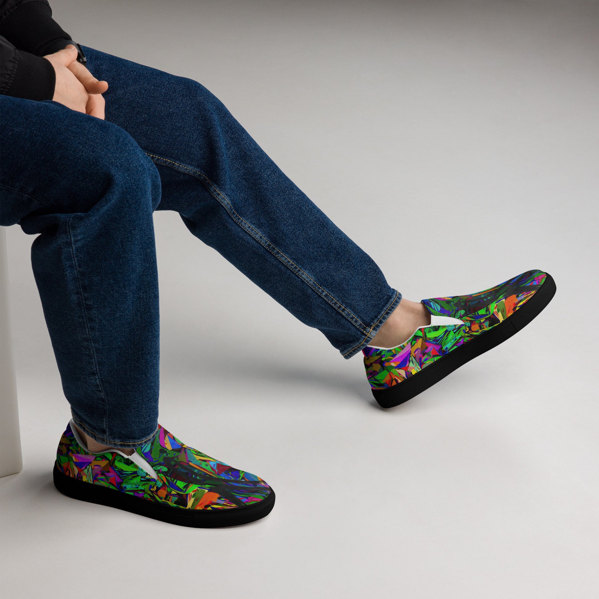 Neon Mythos men's colorful slip-on canvas shoes with abstract street art design by Hipyfi black-right
