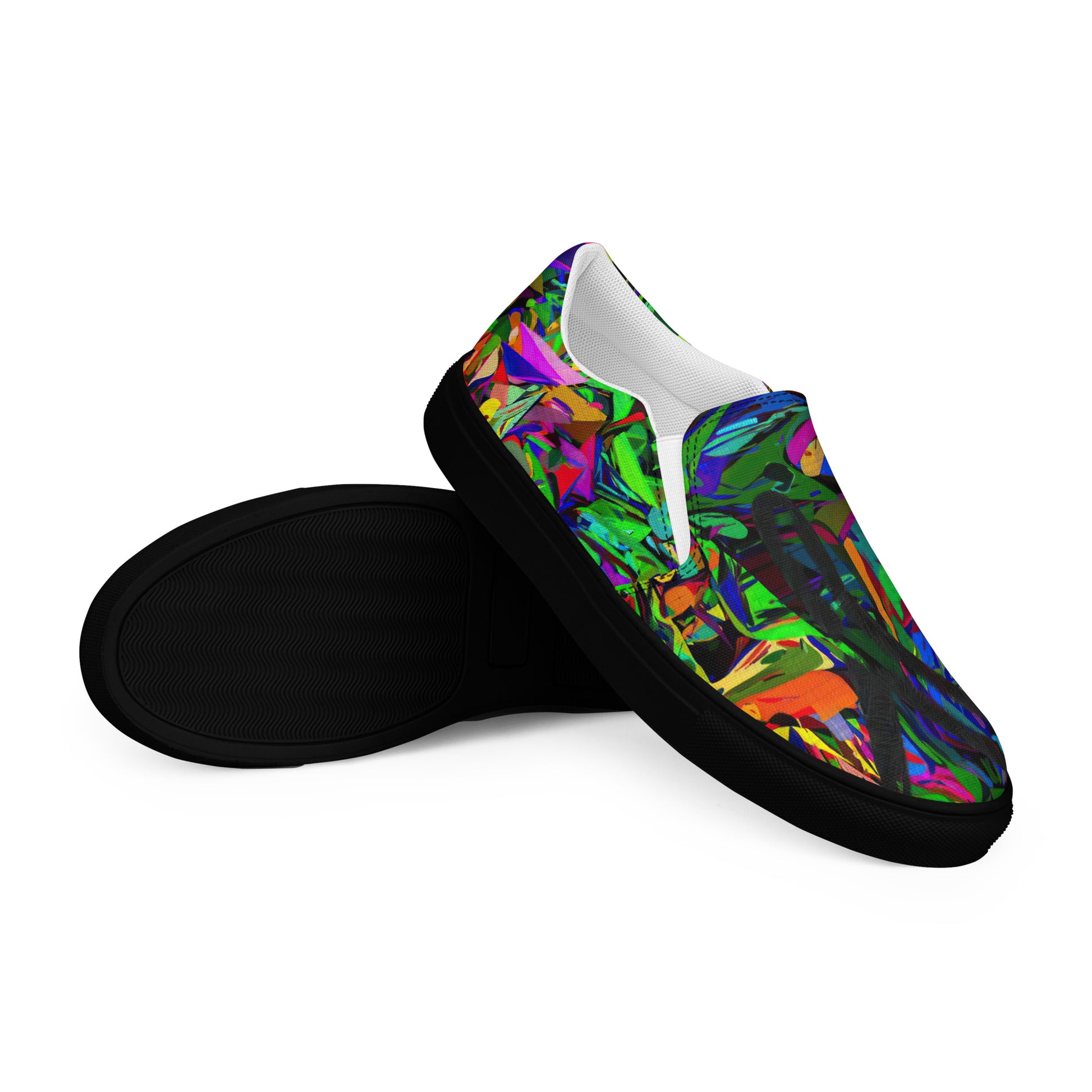 Neon Mythos men's colorful slip-on canvas shoes with abstract street art design by Hipyfi black-right-front-2