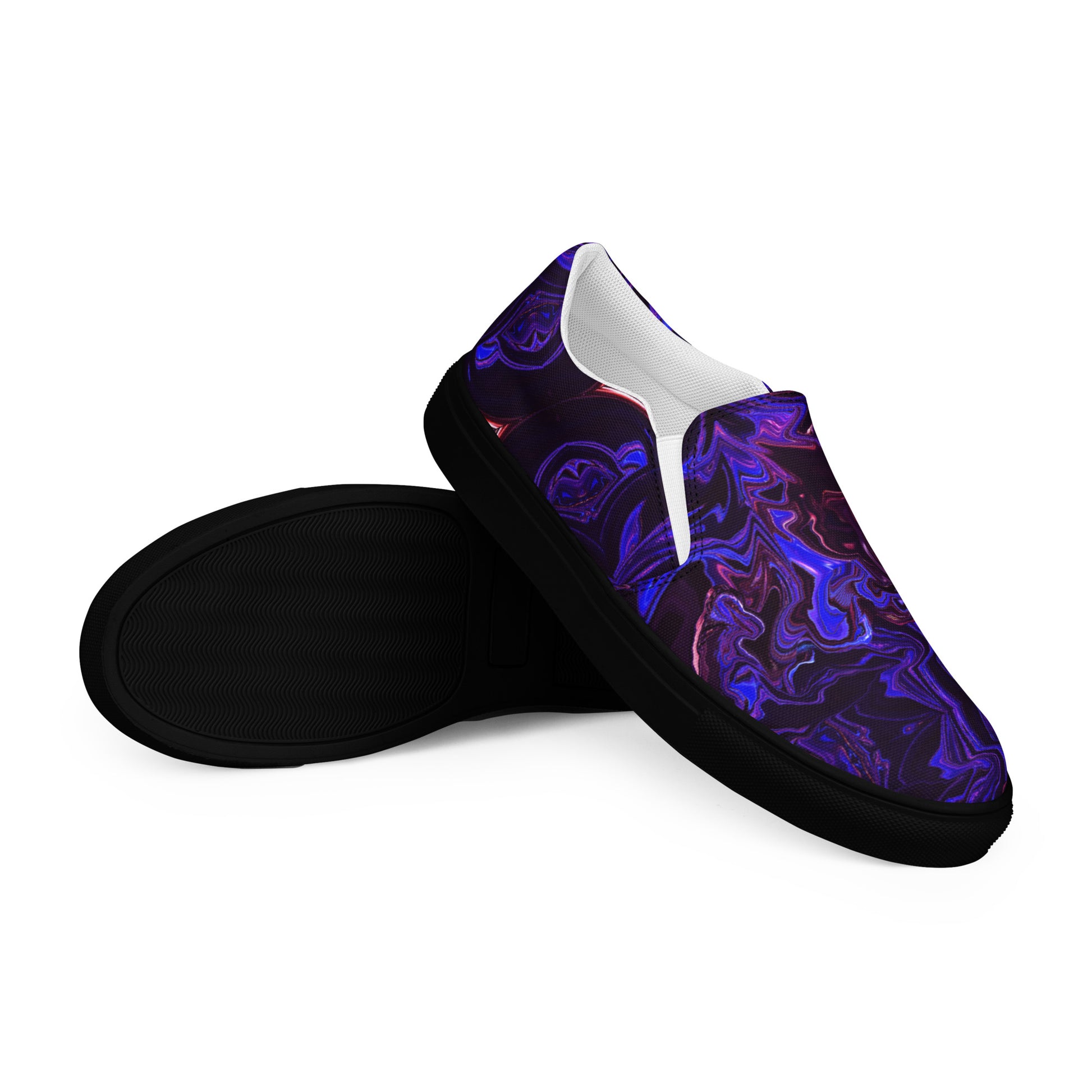 Men's slip-on canvas shoes with abstract purple and blue swirl design – stylish, handmade, and eco-friendly footwear by Hipyfi Clothes & Design. black-right-front