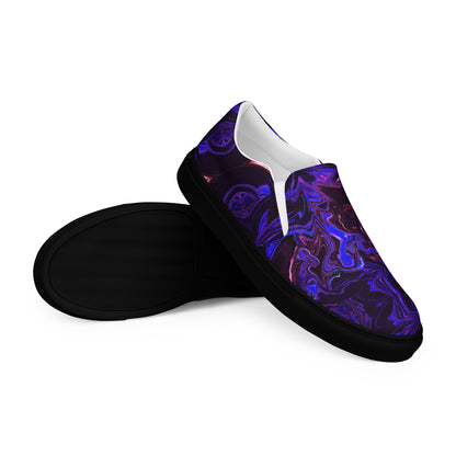 Men's slip-on canvas shoes with abstract purple and blue swirl design – stylish, handmade, and eco-friendly footwear by Hipyfi Clothes & Design. black-right-front