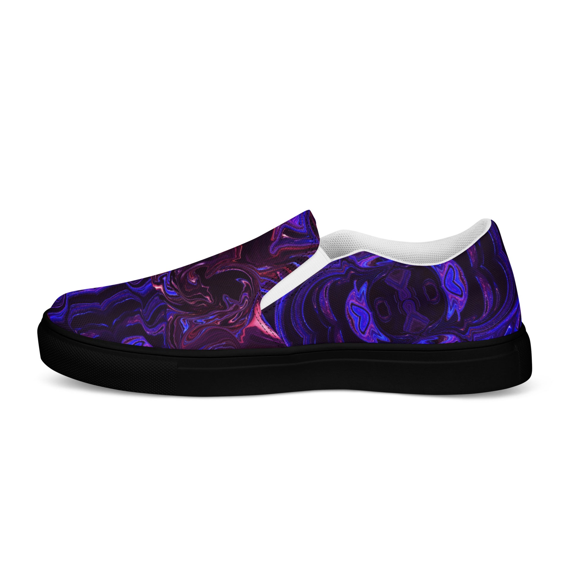 Men's slip-on canvas shoes with abstract purple and blue swirl design – stylish, handmade, and eco-friendly footwear by Hipyfi Clothes & Design. black-right-inside