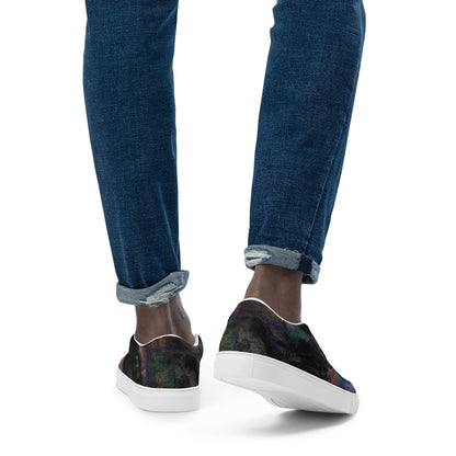 Hipyfi Chromatic Dreams men’s slip-on shoes with vibrant abstract art brushstroke print – urban street style canvas footwear. white-back
