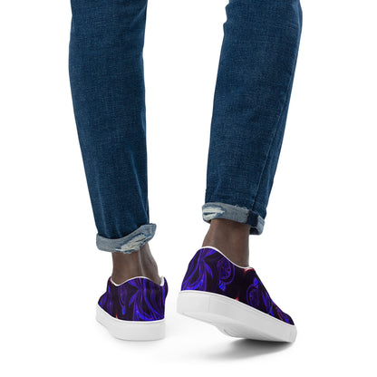 Men's slip-on canvas shoes with abstract purple and blue swirl design – stylish, handmade, and eco-friendly footwear by Hipyfi Clothes & Design. white-back