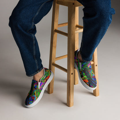 Neon Mythos men's colorful slip-on canvas shoes with abstract street art design by Hipyfi white-front-2