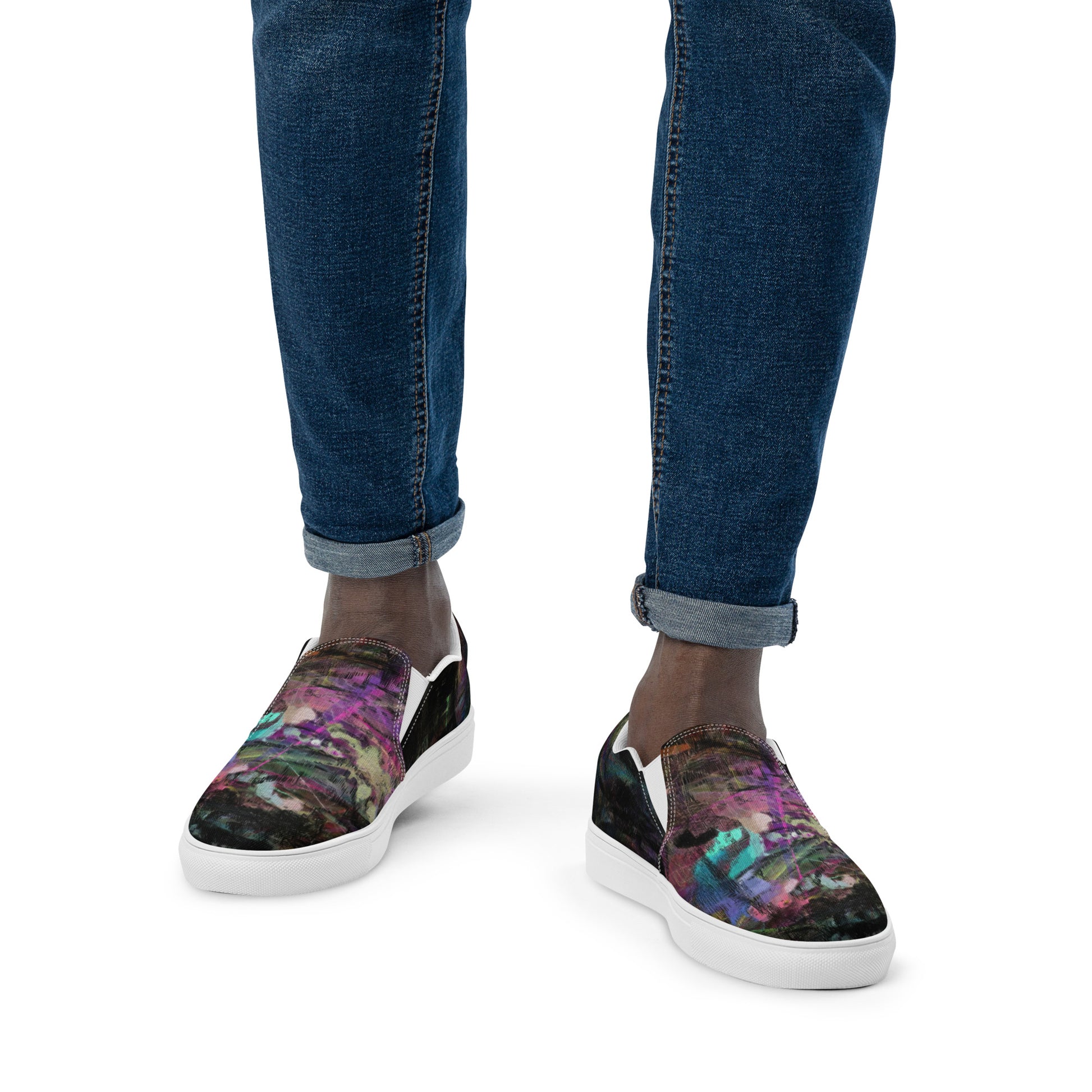 Hipyfi Chromatic Dreams men’s slip-on shoes with vibrant abstract art brushstroke print – urban street style canvas footwear. white-front-3