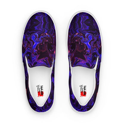 Men's slip-on canvas shoes with abstract purple and blue swirl design – stylish, handmade, and eco-friendly footwear by Hipyfi Clothes & Design. white-front-2