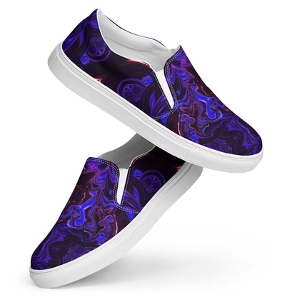 Men's slip-on canvas shoes with abstract purple and blue swirl design – stylish, handmade, and eco-friendly footwear by Hipyfi Clothes & Design. white-front-3