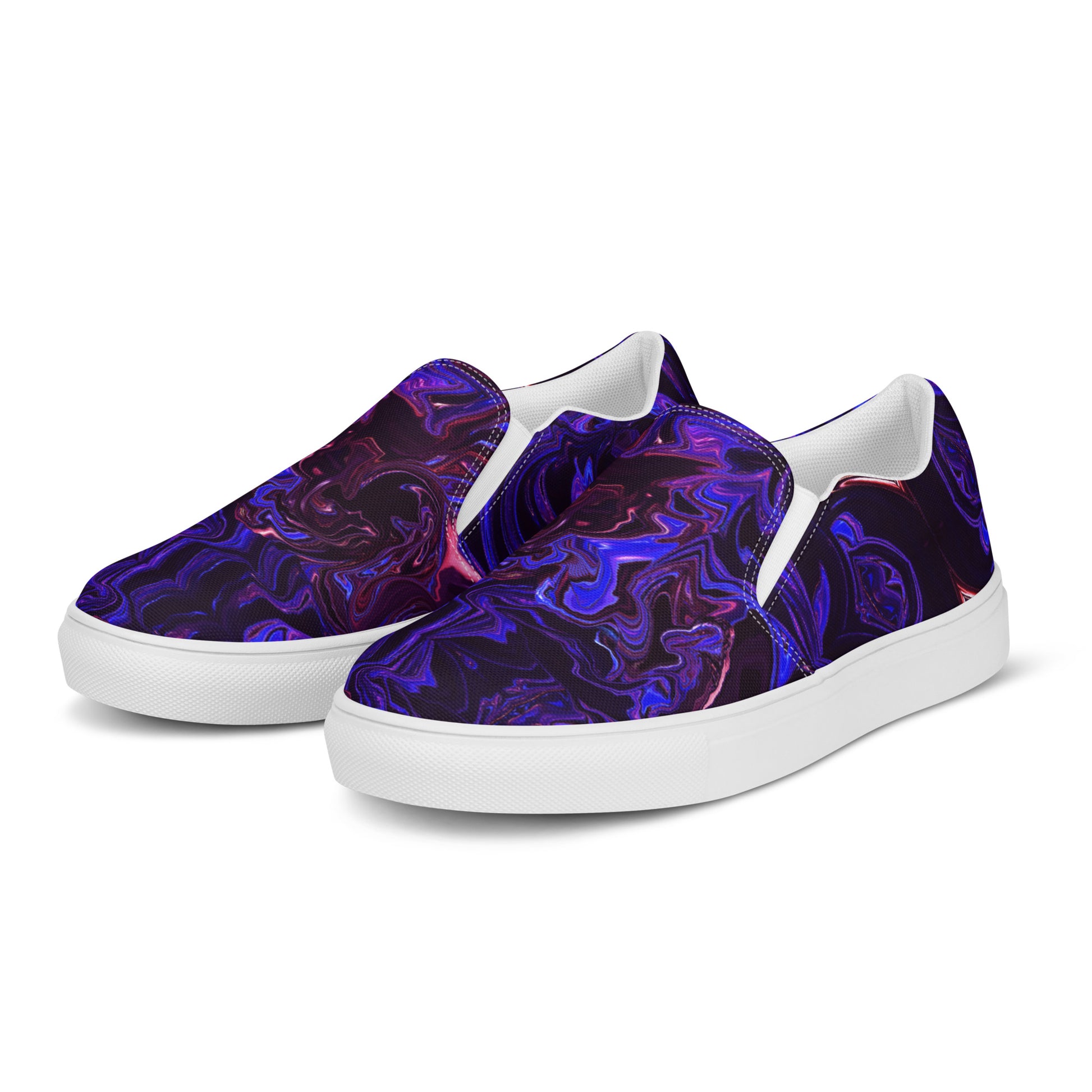 Men's slip-on canvas shoes with abstract purple and blue swirl design – stylish, handmade, and eco-friendly footwear by Hipyfi Clothes & Design. white-left-front