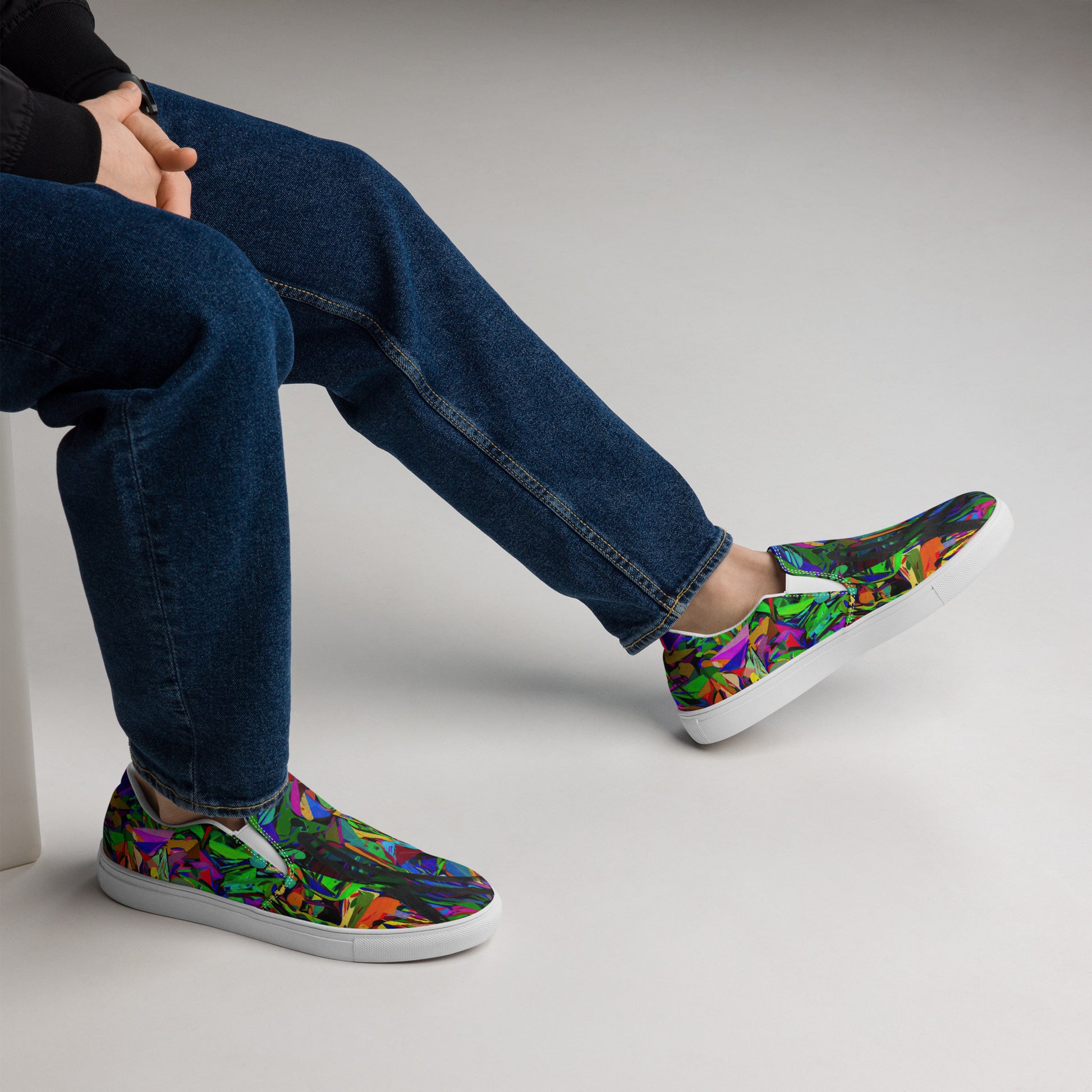 Neon Mythos men's colorful slip-on canvas shoes with abstract street art design by Hipyfi white-right