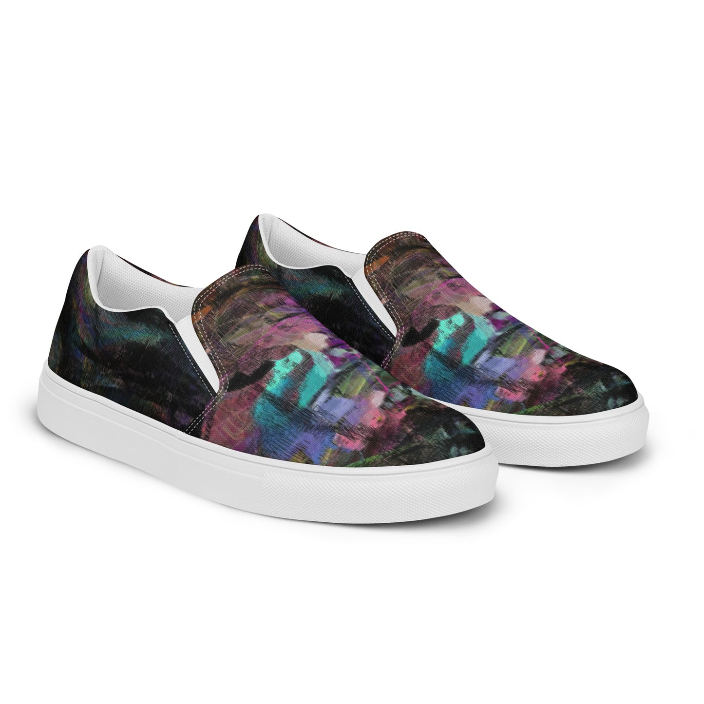 Hipyfi Chromatic Dreams men’s slip-on shoes with vibrant abstract art brushstroke print – urban street style canvas footwear. white-right-front-2