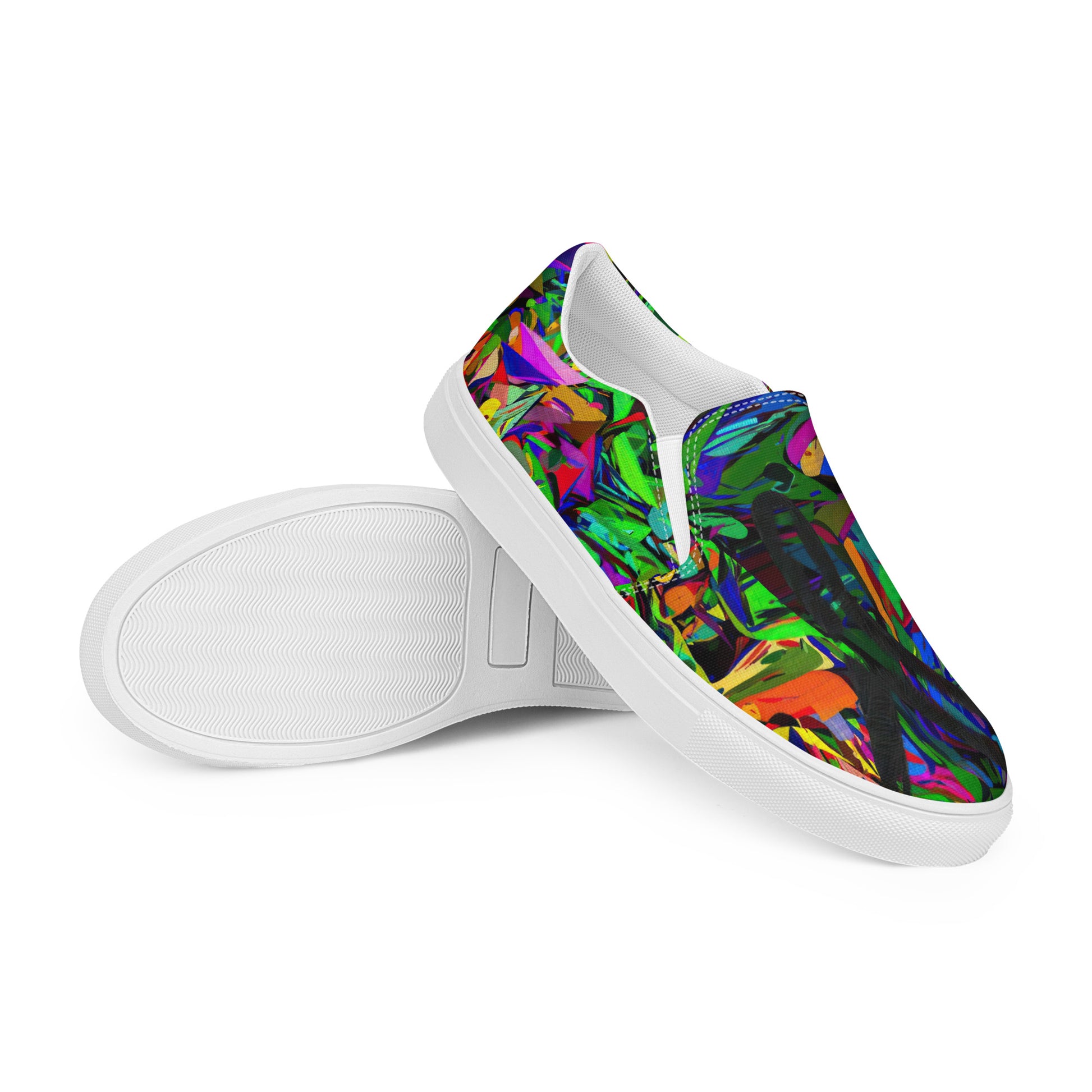 Neon Mythos men's colorful slip-on canvas shoes with abstract street art design by Hipyfi white-right-front-2