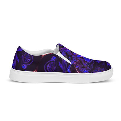 Men's slip-on canvas shoes with abstract purple and blue swirl design – stylish, handmade, and eco-friendly footwear by Hipyfi Clothes & Design. white-right-outside