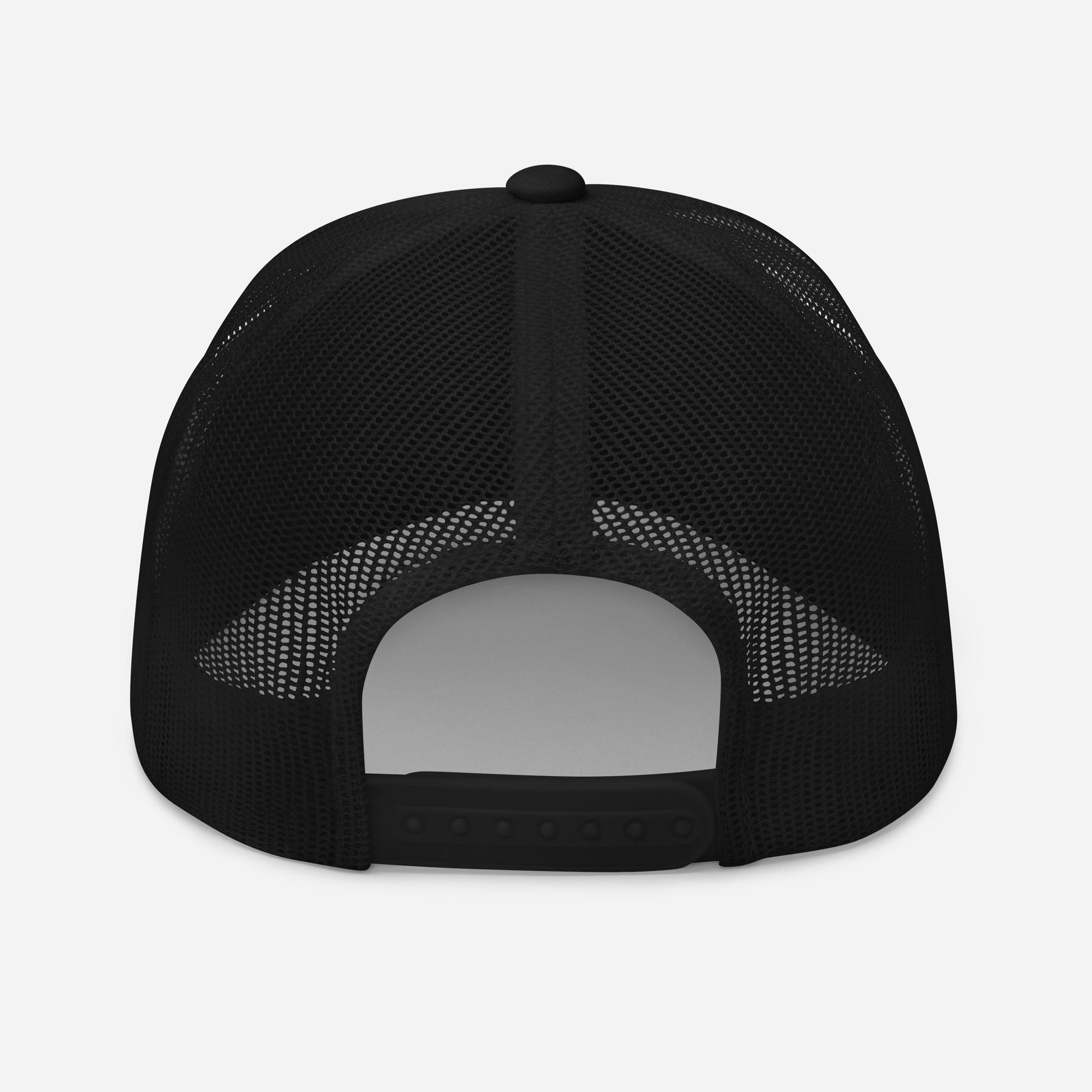 Black Hipyfi Classic Logo Trucker Cap with embroidered front, mesh back, and adjustable snapback closure. Back-2