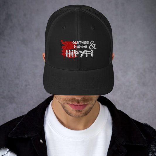 Black Hipyfi Classic Logo Trucker Cap with embroidered front, mesh back, and adjustable snapback closure. Front