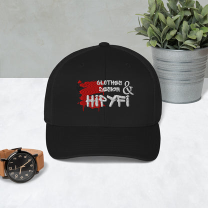 Black Hipyfi Classic Logo Trucker Cap with embroidered front, mesh back, and adjustable snapback closure. Front-2