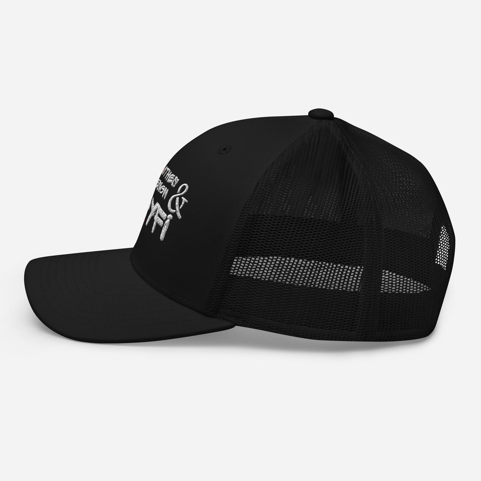 Black Hipyfi Classic Logo Trucker Cap with embroidered front, mesh back, and adjustable snapback closure. Left-2