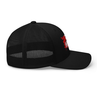 Black Hipyfi Classic Logo Trucker Cap with embroidered front, mesh back, and adjustable snapback closure. Right-2