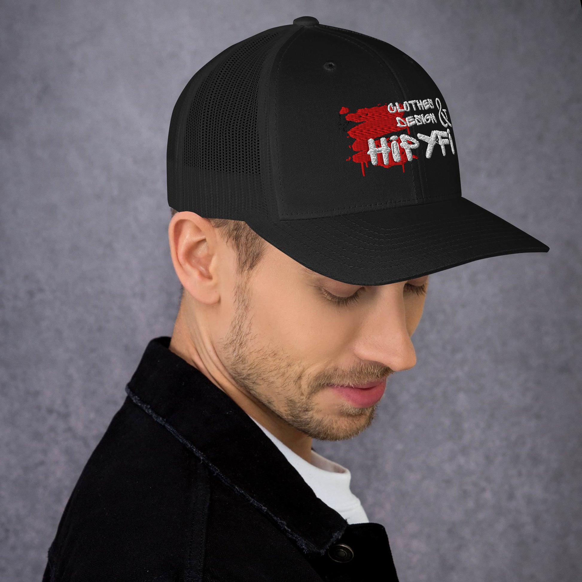 Black Hipyfi Classic Logo Trucker Cap with embroidered front, mesh back, and adjustable snapback closure. Right