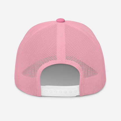 Pink retro trucker hat with mesh back and Hipyfi logo, adjustable snapback cap for men and women. Back-2