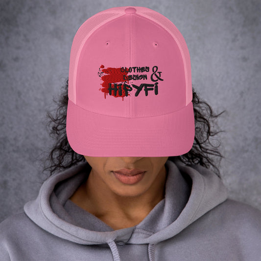 Pink retro trucker hat with mesh back and Hipyfi logo, adjustable snapback cap for men and women. Front