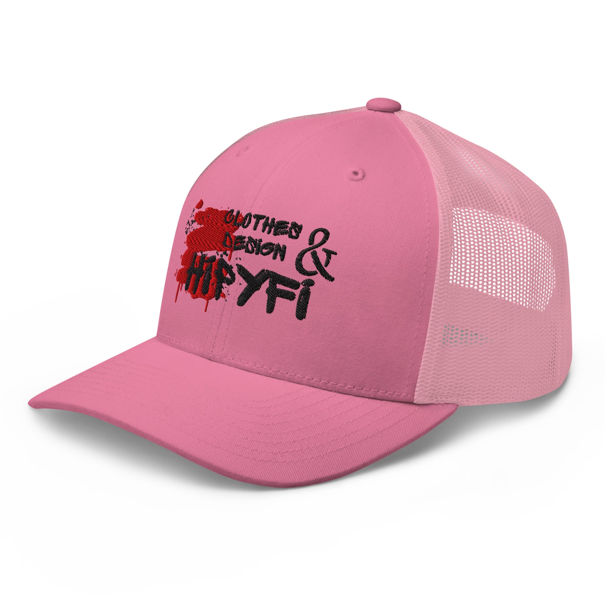 Pink retro trucker hat with mesh back and Hipyfi logo, adjustable snapback cap for men and women. Left-front-2