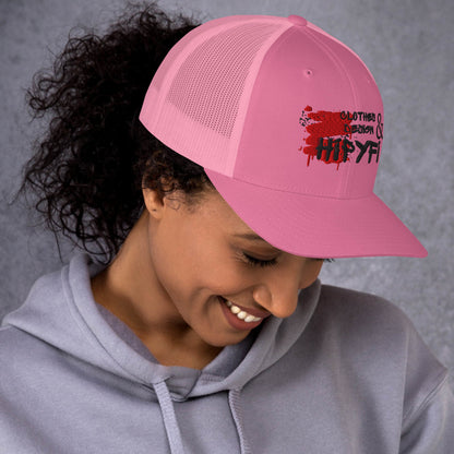 Pink retro trucker hat with mesh back and Hipyfi logo, adjustable snapback cap for men and women. Right