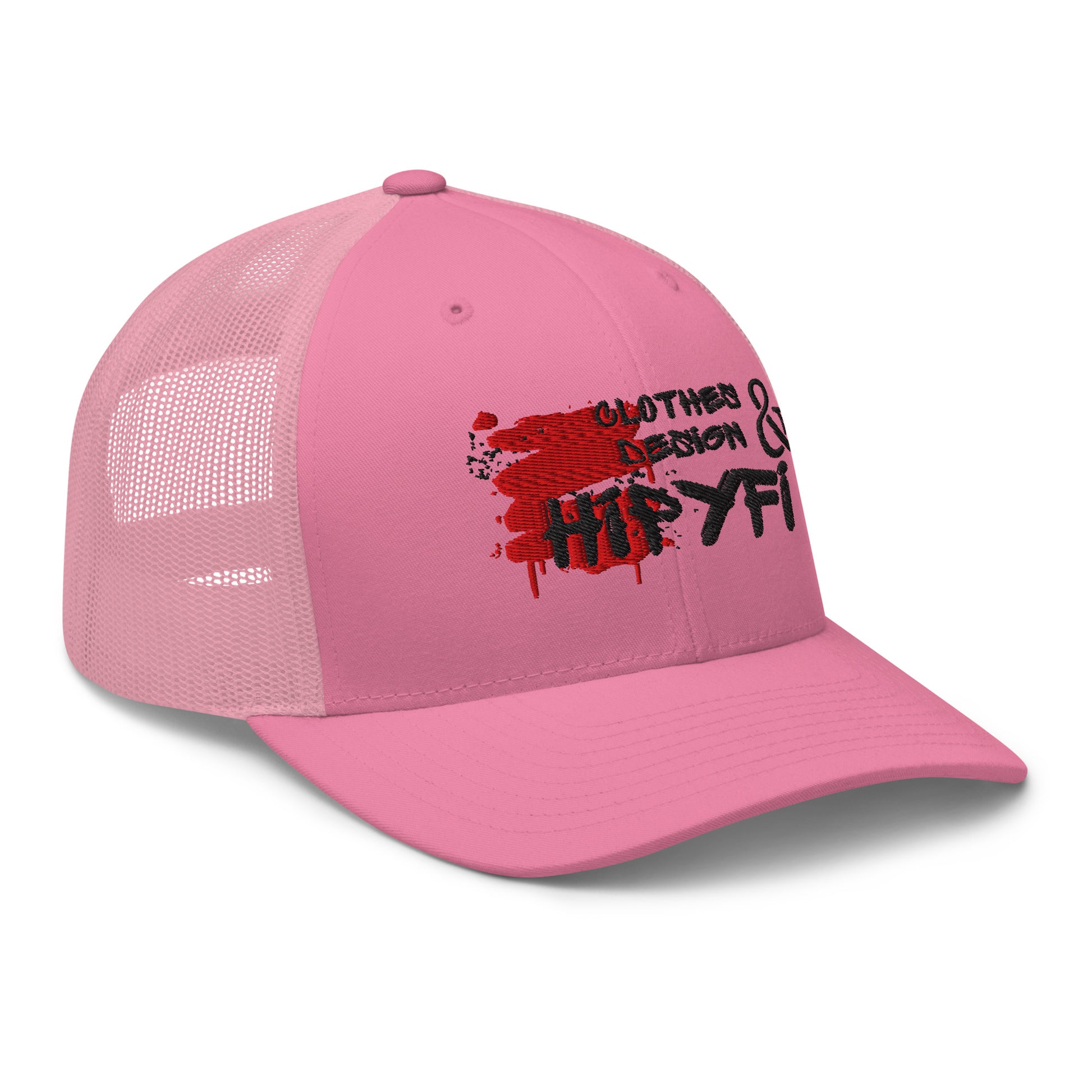 Pink retro trucker hat with mesh back and Hipyfi logo, adjustable snapback cap for men and women. Right-front-2