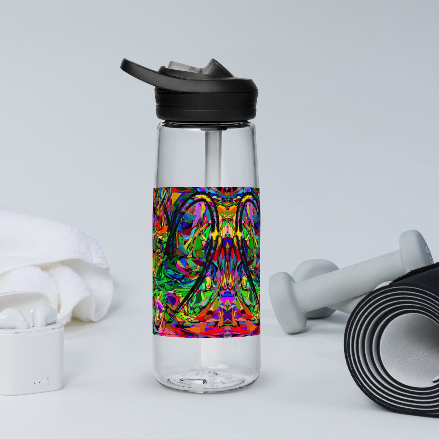 Neon Mythos sports water bottle with abstract multicolor design by Hipyfi Clothes & Design – BPA-free, eco-friendly gym hydration bottle clear-back