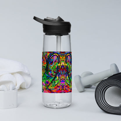 Neon Mythos sports water bottle with abstract multicolor design by Hipyfi Clothes & Design – BPA-free, eco-friendly gym hydration bottle clear-back