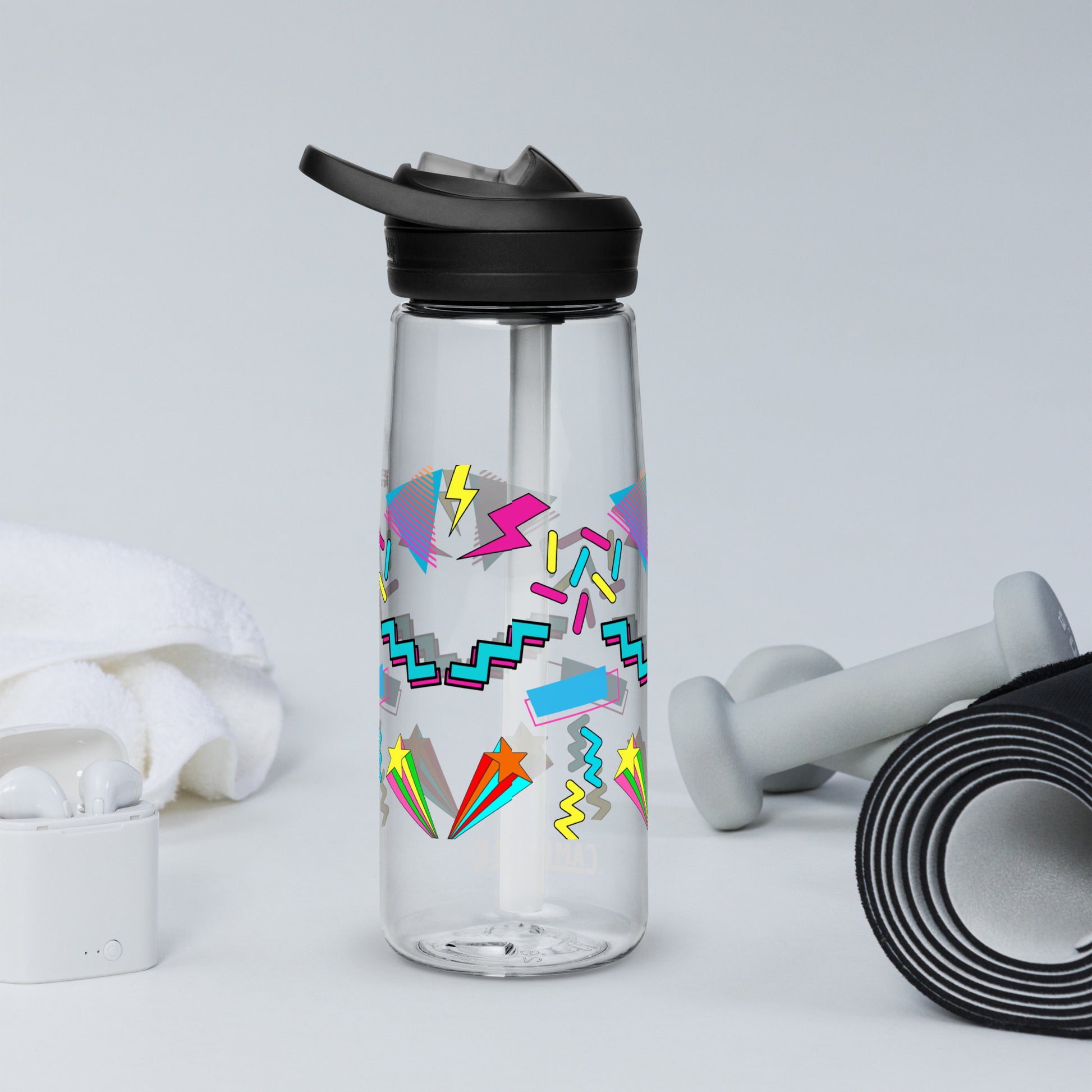 Hipyfi 80s Retro Sports Water Bottle in Oxford Blue with colorful pop art design, BPA-free and reusable clear-back