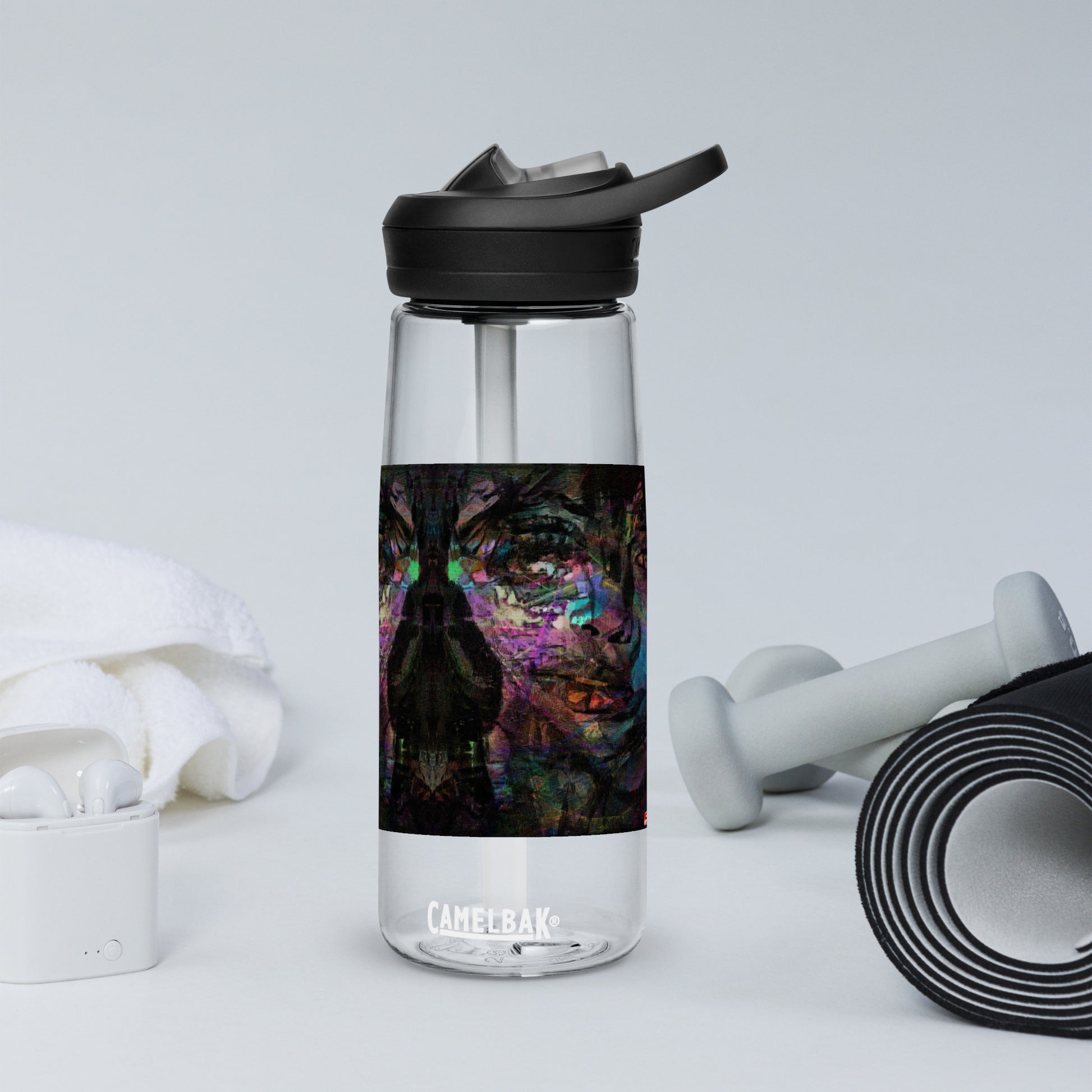 Abstract art sports water bottle with vibrant brushstrokes, crafted from 50% recycled plastic. Spill-proof lid, ergonomic handle. Eco-friendly, design by Hipyfi Clothes & Design. clear-front