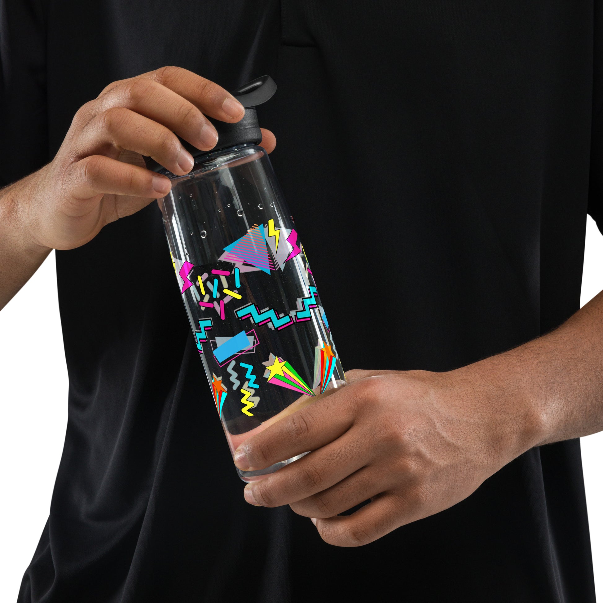 Hipyfi 80s Retro Sports Water Bottle in Oxford Blue with colorful pop art design, BPA-free and reusable clear-front-2