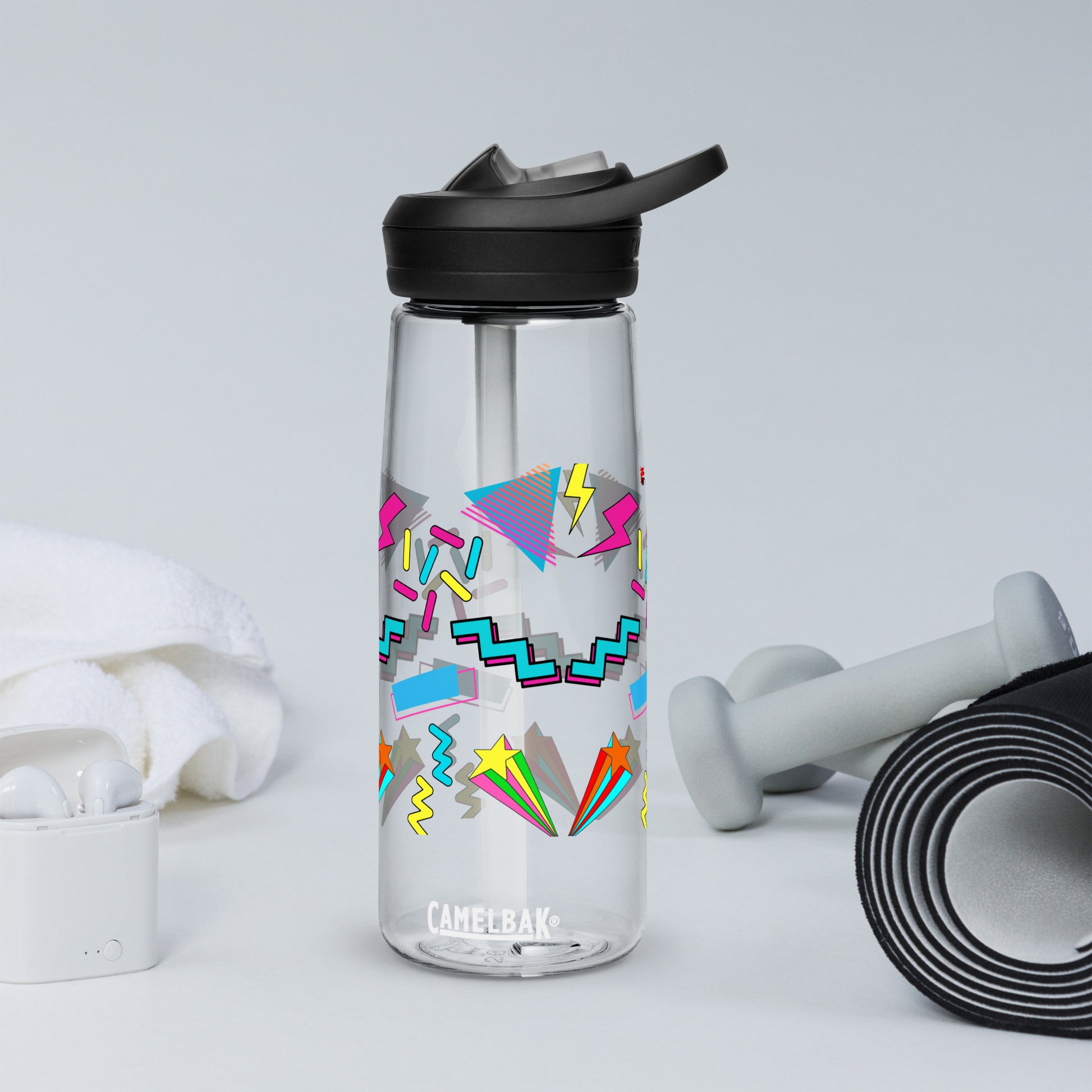 Hipyfi 80s Retro Sports Water Bottle in Oxford Blue with colorful pop art design, BPA-free and reusable clear-front