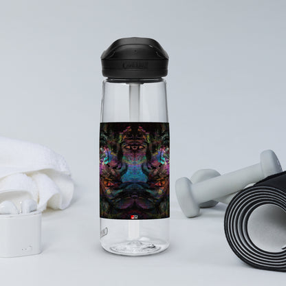 Abstract art sports water bottle with vibrant brushstrokes, crafted from 50% recycled plastic. Spill-proof lid, ergonomic handle. Eco-friendly, design by Hipyfi Clothes & Design. clear-left