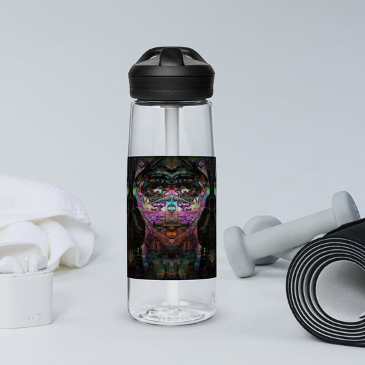 Abstract art sports water bottle with vibrant brushstrokes, crafted from 50% recycled plastic. Spill-proof lid, ergonomic handle. Eco-friendly, design by Hipyfi Clothes & Design. clear-right