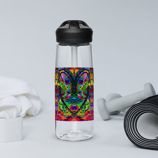 Neon Mythos sports water bottle with abstract multicolor design by Hipyfi Clothes & Design – BPA-free, eco-friendly gym hydration bottle clear-right