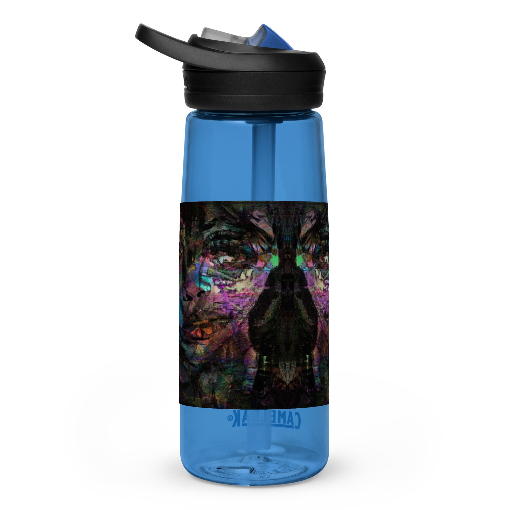 Abstract art sports water bottle with vibrant brushstrokes, crafted from 50% recycled plastic. Spill-proof lid, ergonomic handle. Eco-friendly, design by Hipyfi Clothes & Design. oxford-blue-back