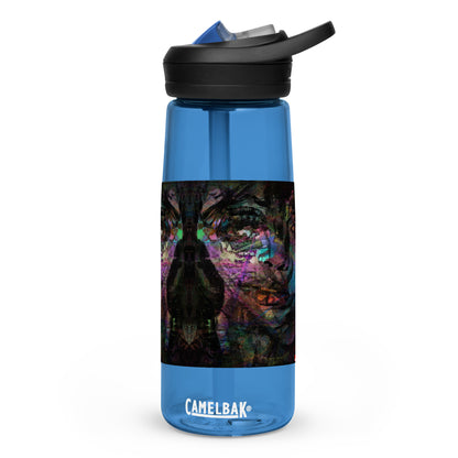 Abstract art sports water bottle with vibrant brushstrokes, crafted from 50% recycled plastic. Spill-proof lid, ergonomic handle. Eco-friendly, design by Hipyfi Clothes & Design. oxford-blue-front-2