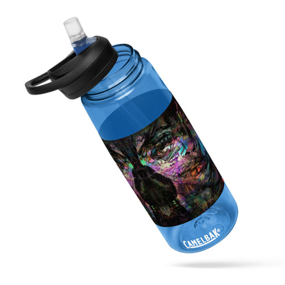 Abstract art sports water bottle with vibrant brushstrokes, crafted from 50% recycled plastic. Spill-proof lid, ergonomic handle. Eco-friendly, design by Hipyfi Clothes & Design. oxford-blue-front-4