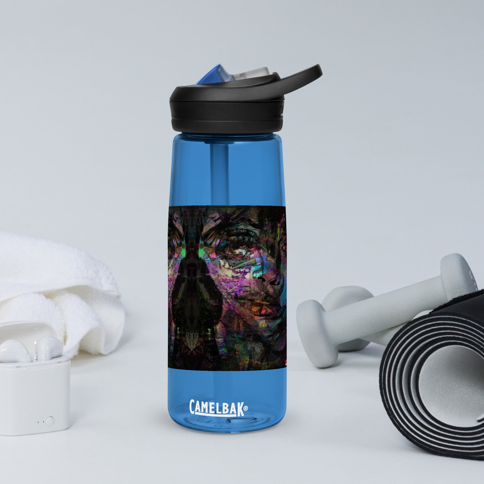 Abstract art sports water bottle with vibrant brushstrokes, crafted from 50% recycled plastic. Spill-proof lid, ergonomic handle. Eco-friendly, design by Hipyfi Clothes & Design. oxford-blue-front-3