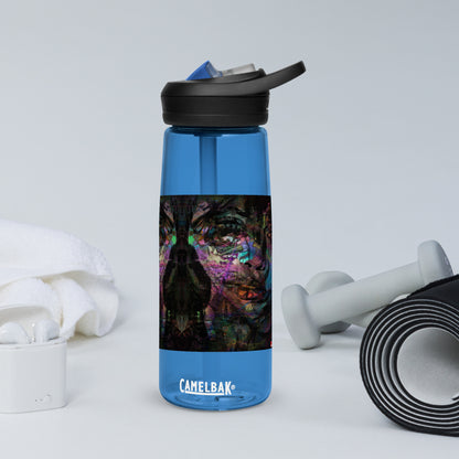 Abstract art sports water bottle with vibrant brushstrokes, crafted from 50% recycled plastic. Spill-proof lid, ergonomic handle. Eco-friendly, design by Hipyfi Clothes & Design. oxford-blue-front-3