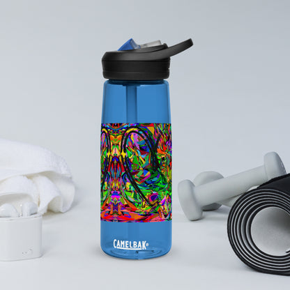 Neon Mythos sports water bottle with abstract multicolor design by Hipyfi Clothes & Design – BPA-free, eco-friendly gym hydration bottle oxford-blue-front