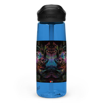 Abstract art sports water bottle with vibrant brushstrokes, crafted from 50% recycled plastic. Spill-proof lid, ergonomic handle. Eco-friendly, design by Hipyfi Clothes & Design. oxford-blue-left-2