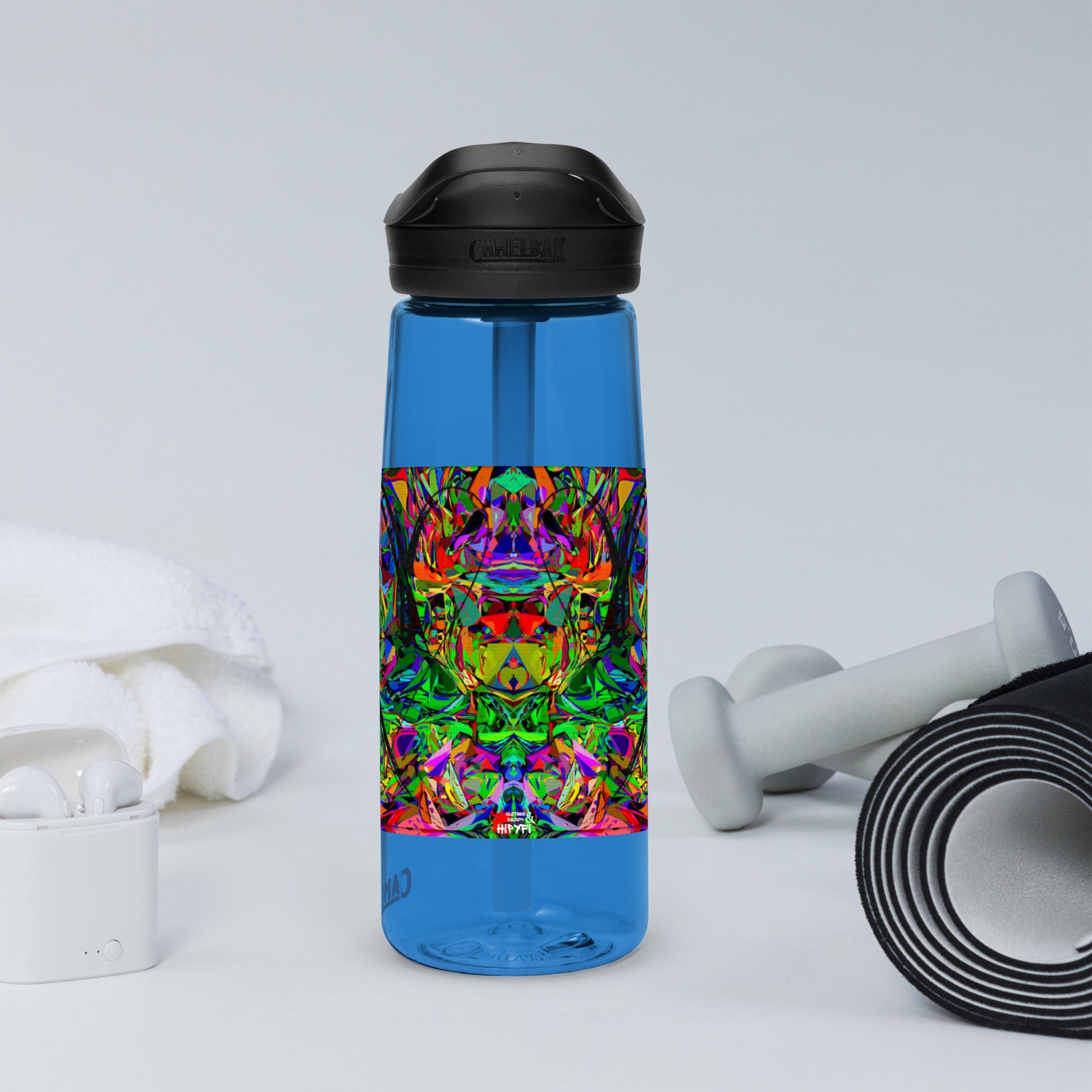 Neon Mythos sports water bottle with abstract multicolor design by Hipyfi Clothes & Design – BPA-free, eco-friendly gym hydration bottle oxford-blue-left