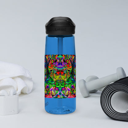 Neon Mythos sports water bottle with abstract multicolor design by Hipyfi Clothes & Design – BPA-free, eco-friendly gym hydration bottle oxford-blue-left