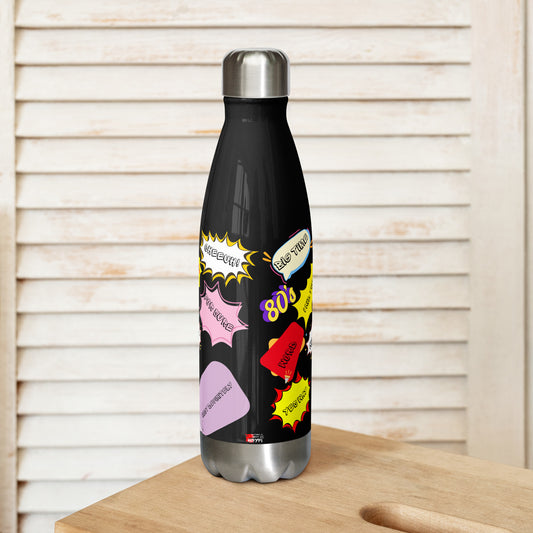 Hipyfi Retro Pop Art Stainless Steel Water Bottle with 1980s comic design and colorful vintage pattern 17-oz-front