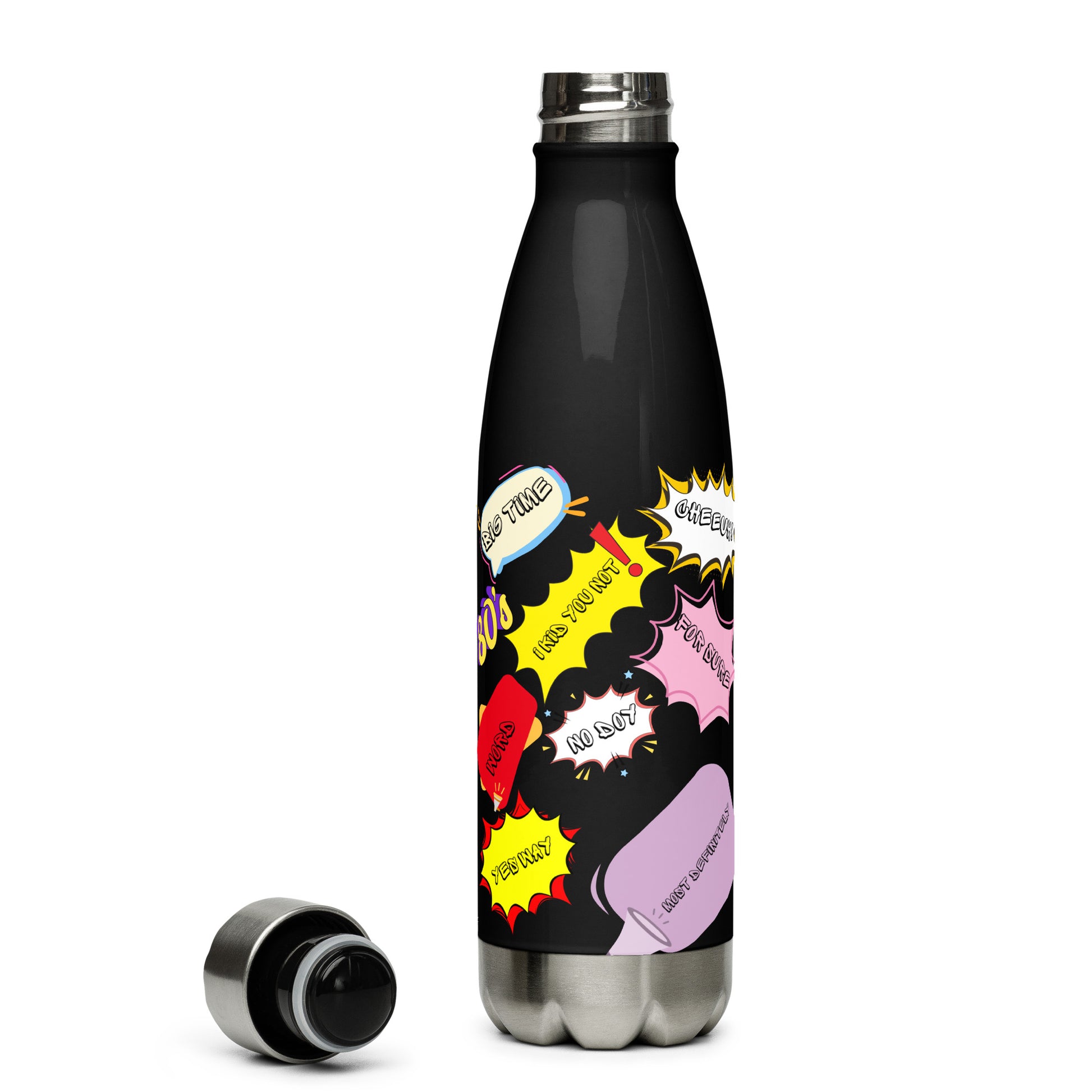 Hipyfi Retro Pop Art Stainless Steel Water Bottle with 1980s comic design and colorful vintage pattern 17-oz-left-2