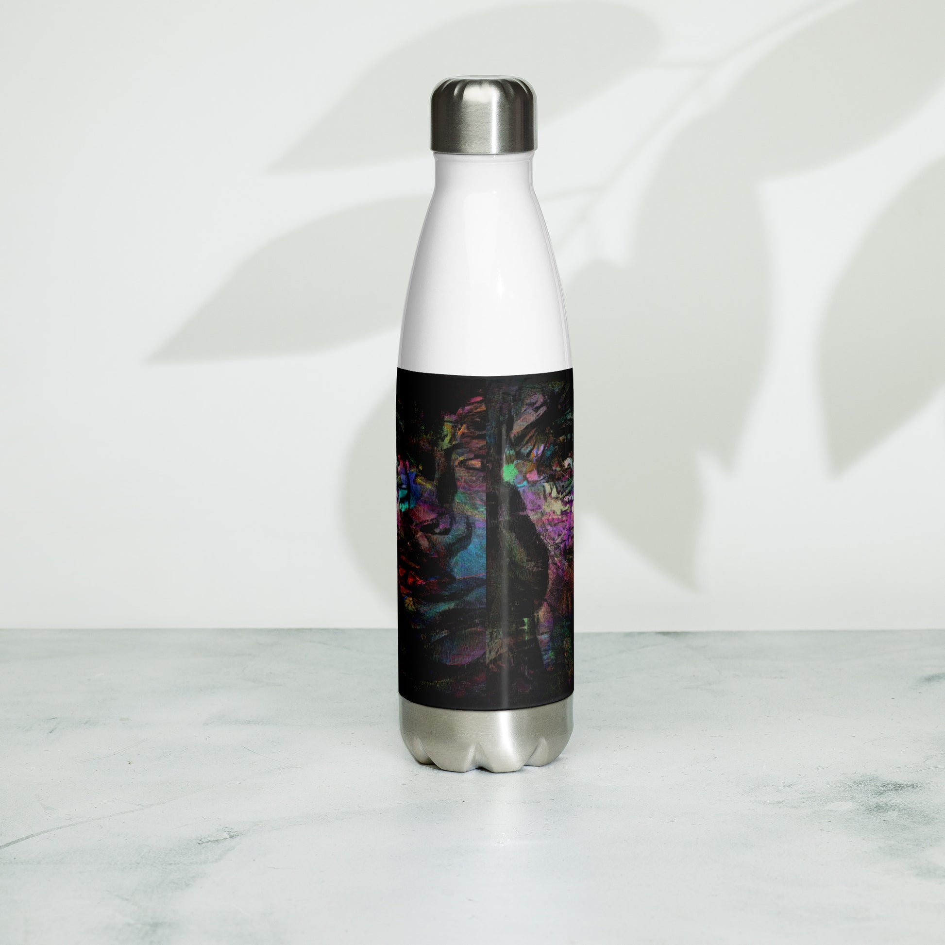 Hipyfi Chromatic Dreams stainless steel water bottle with vibrant abstract art design, insulated and leak-proof. white-17-oz-back-3