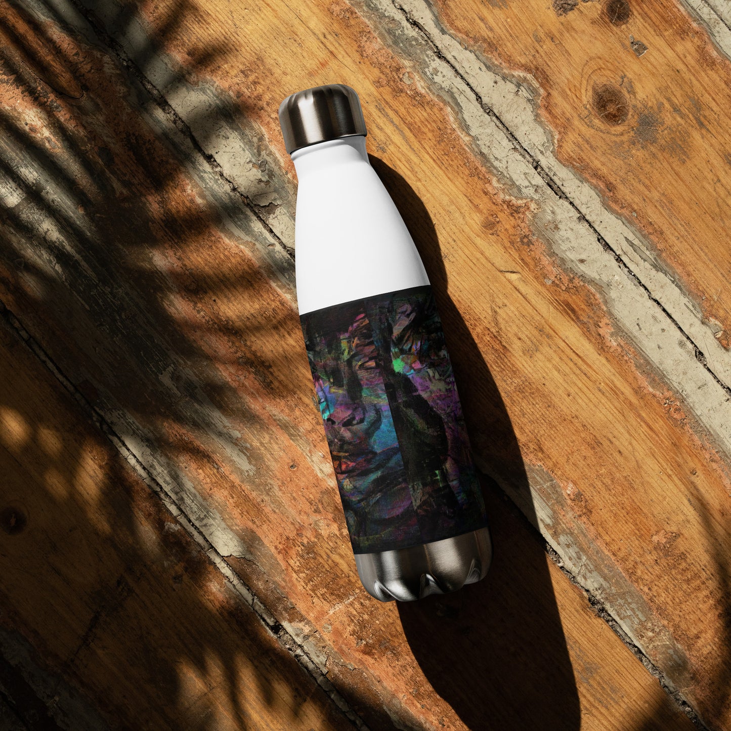 Hipyfi Chromatic Dreams stainless steel water bottle with vibrant abstract art design, insulated and leak-proof. white-17-oz-back