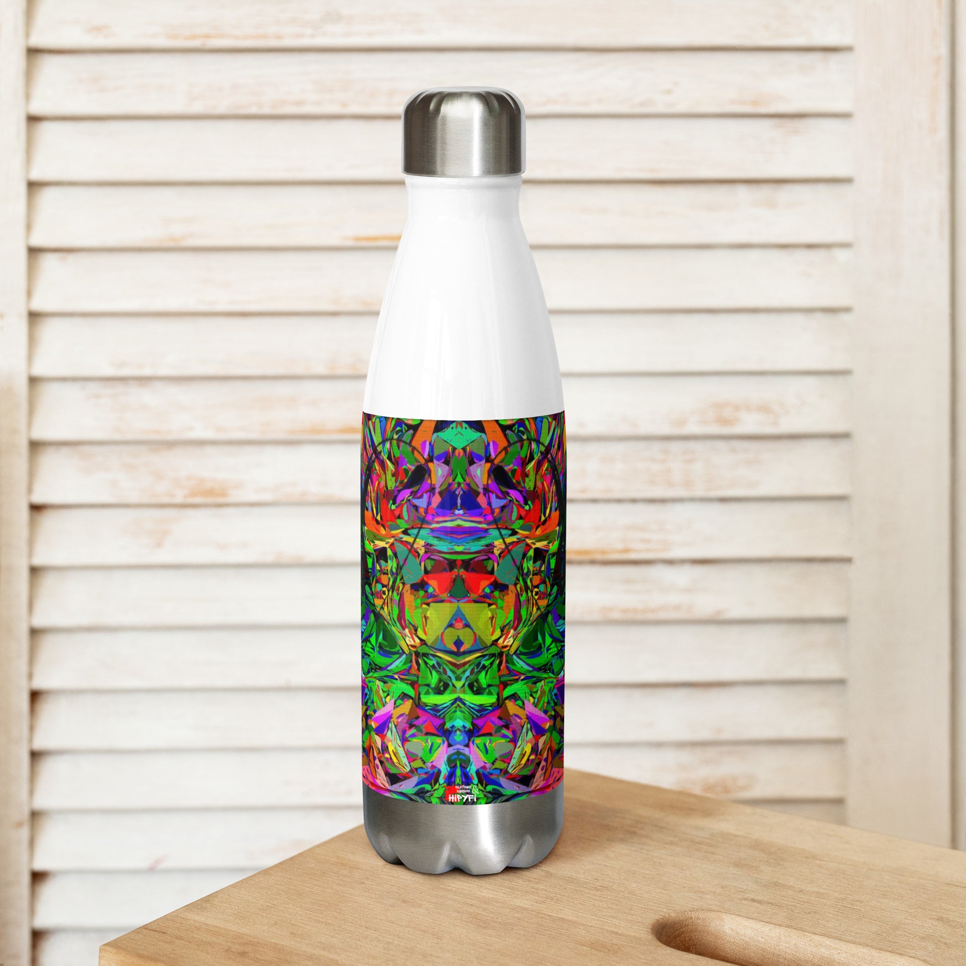 Neon Mythos stainless steel water bottle with vibrant abstract street art design and glossy finish by Hipyfi Clothes & Design white-17-oz-Front